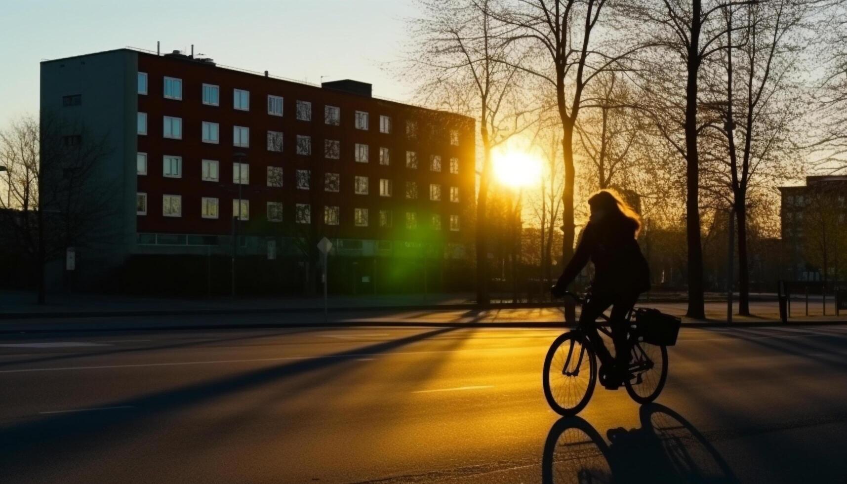 silhouet wielersport Bij schemering, gezond levensstijl in stad verkeer beweging gegenereerd door ai foto