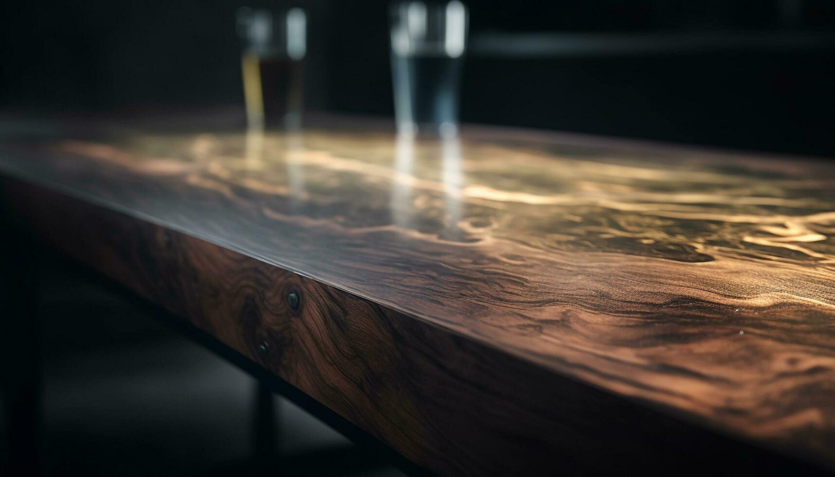 nat hout plank weerspiegelt glimmend metaal uitrusting Aan tafel oppervlakte gegenereerd door ai foto