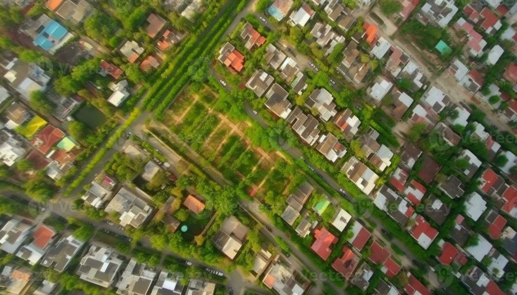 modern behuizing ontwikkeling in druk buitenwijk gemeenschap, hoog omhoog bovenstaand gegenereerd door ai foto