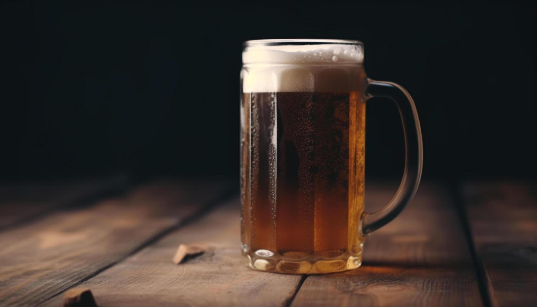 schuimig bier in een pint glas Aan een rustiek bar teller gegenereerd door ai foto