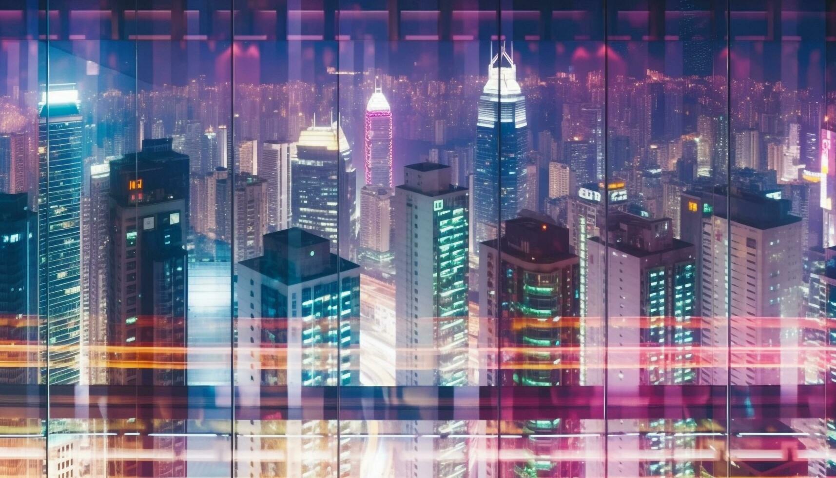 verlichte wolkenkrabbers gloed in de futuristische stadsgezicht Bij schemer gegenereerd door ai foto