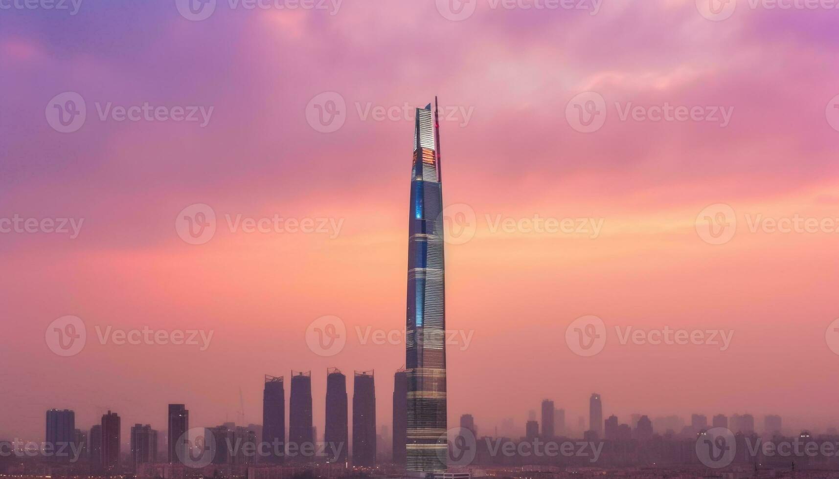 hoog wolkenkrabbers verlichten de modern stad horizon Bij schemer gegenereerd door ai foto