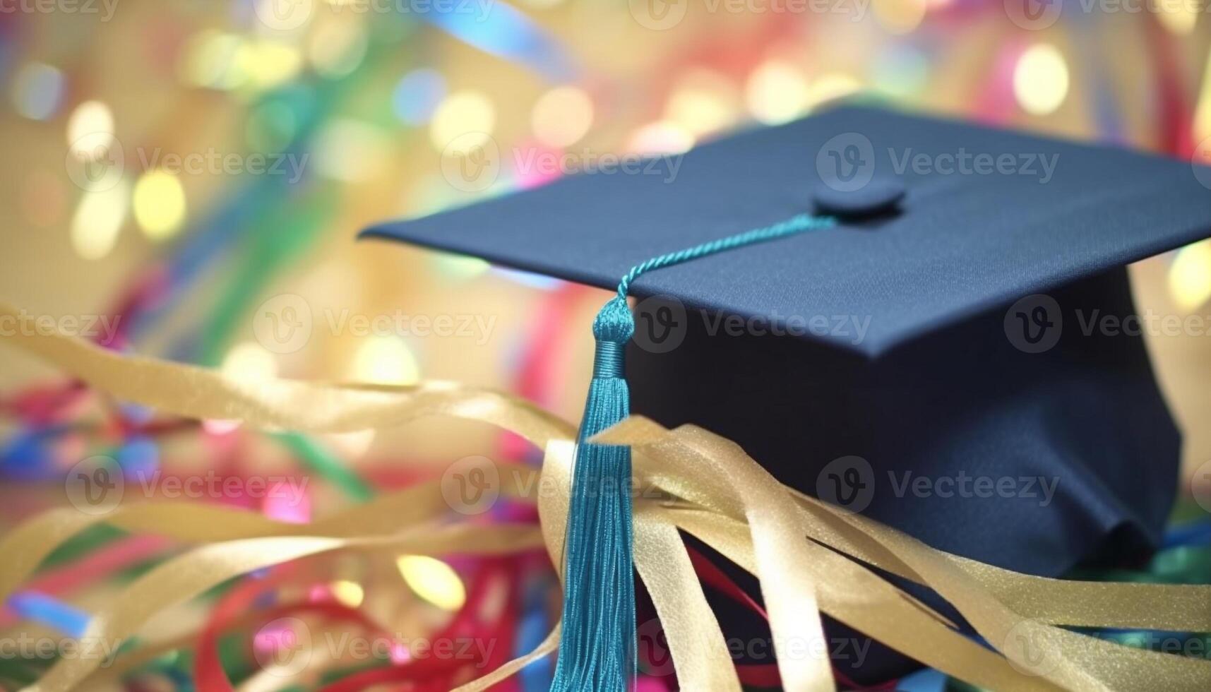 diploma uitreiking succes gevierd met diploma, pet, en kleurrijk kwast decoratie gegenereerd door ai foto