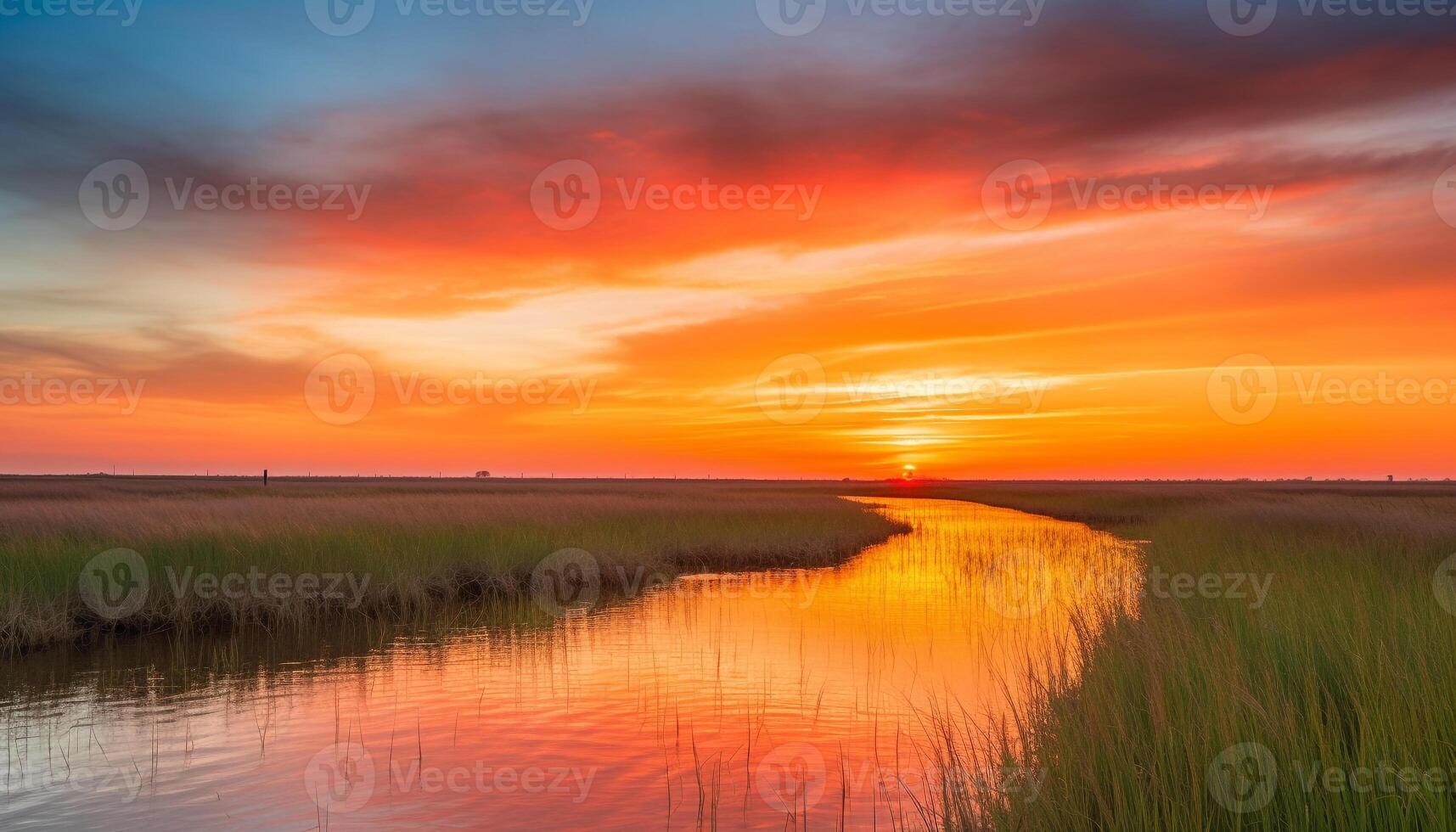 levendig herfst landschap boom silhouetten tegen oranje horizon over- weide gegenereerd door ai foto