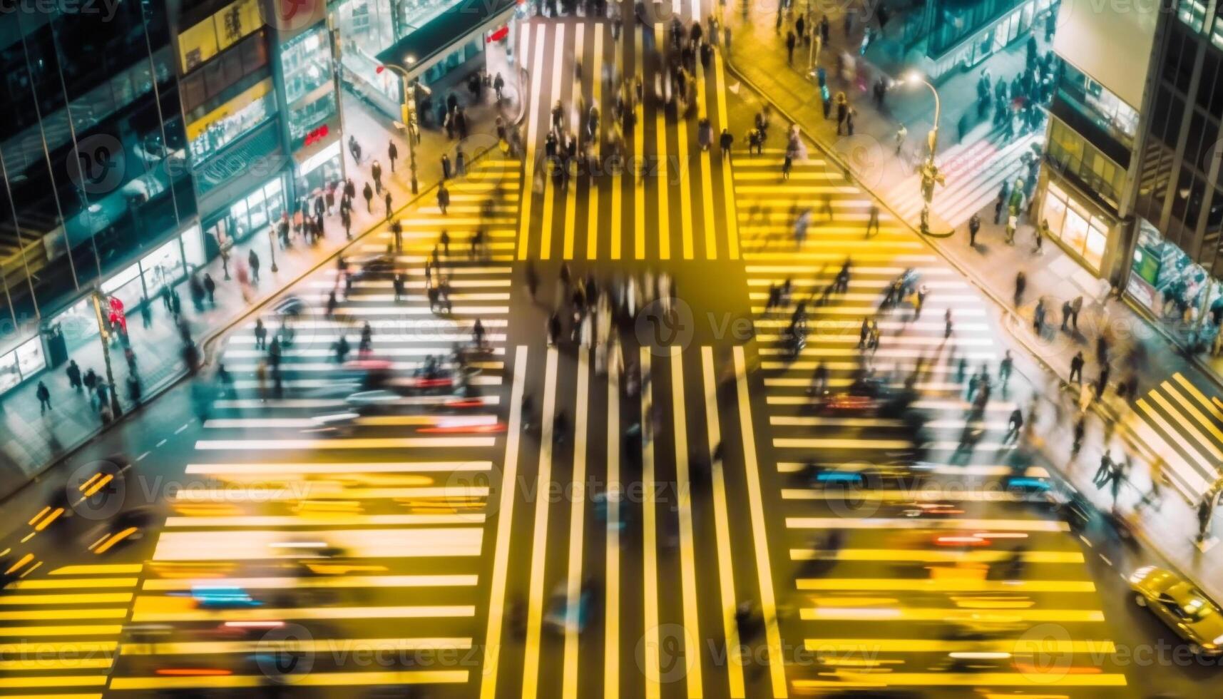 's nachts stormloop uur, wazig beweging, druk stad straat, modern architectuur gegenereerd door ai foto