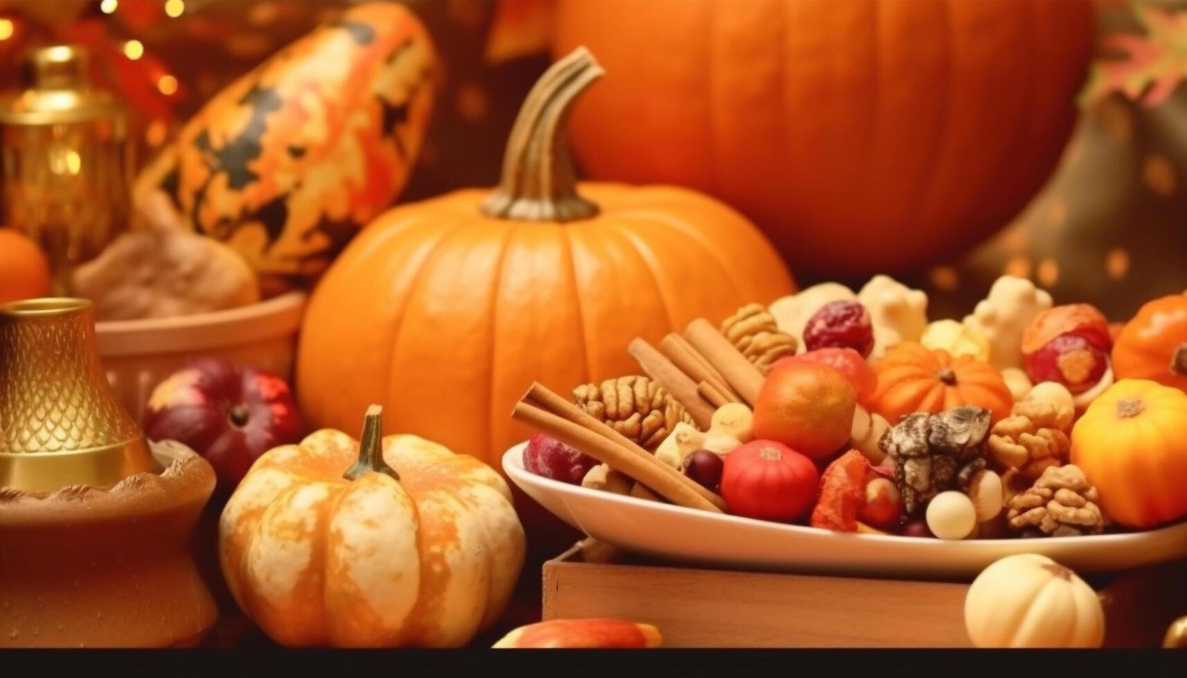 herfst viering pompoen, kalebas, en squash decoratie toegeeflijkheid gegenereerd door ai foto