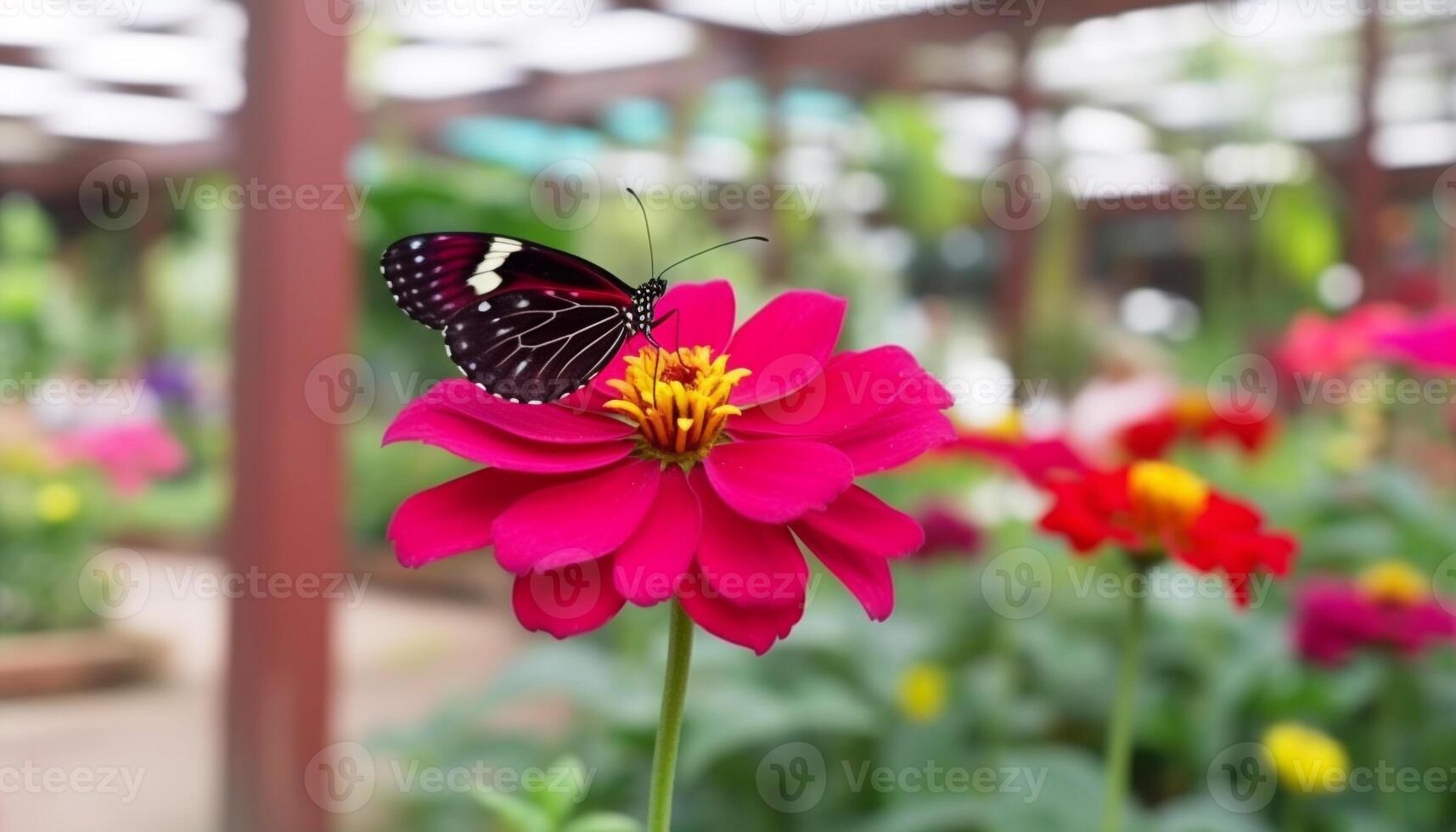 levendig lepidoptera Aan roze madeliefje, focus Aan voorgrond en achtergrond gegenereerd door ai foto