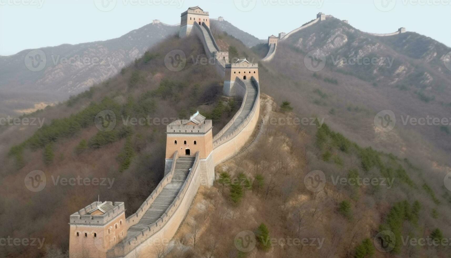 majestueus oude muur, gebroken en beschadigd, omringd door berg reeks gegenereerd door ai foto