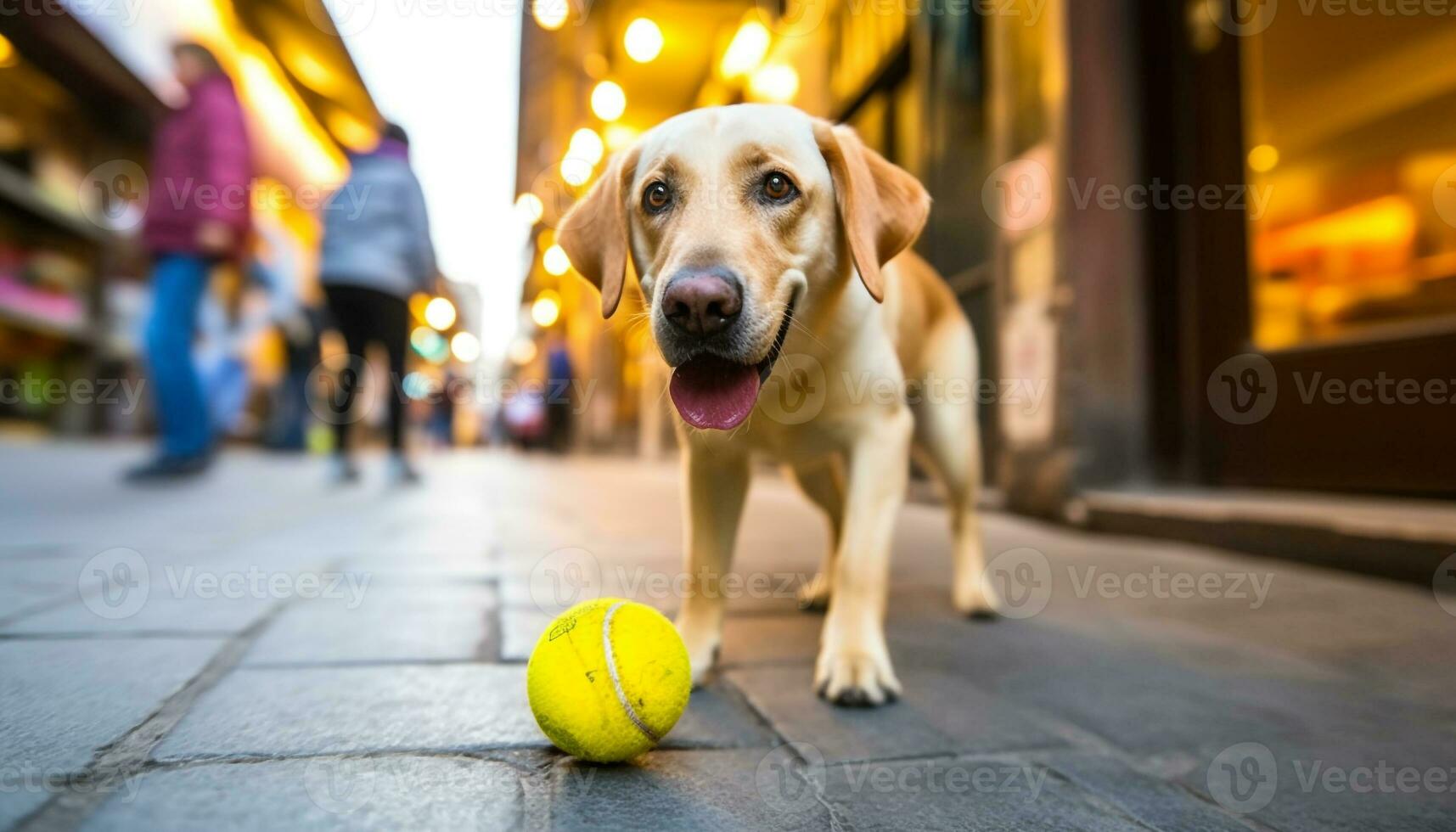 een schattig geel retriever spelen met een tennis bal buitenshuis gegenereerd door ai foto
