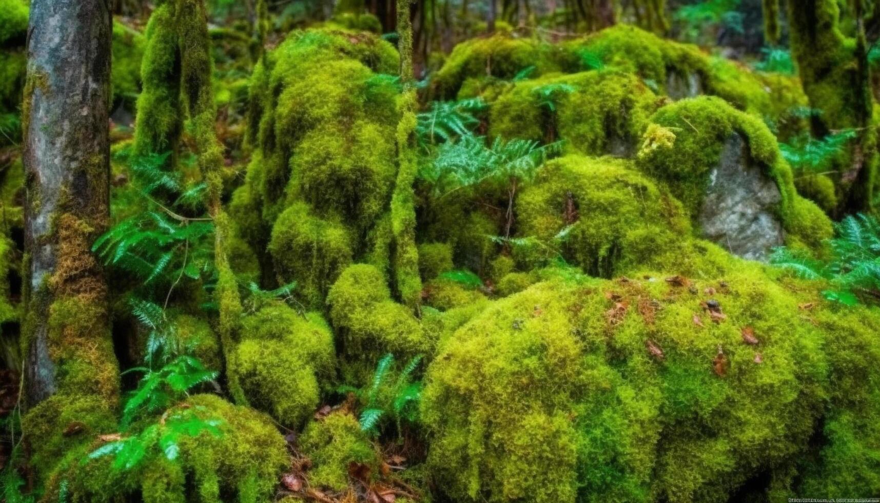 groen Woud fabriek groei, rustig tafereel, levendig kleuren, tropisch klimaat gegenereerd door ai foto