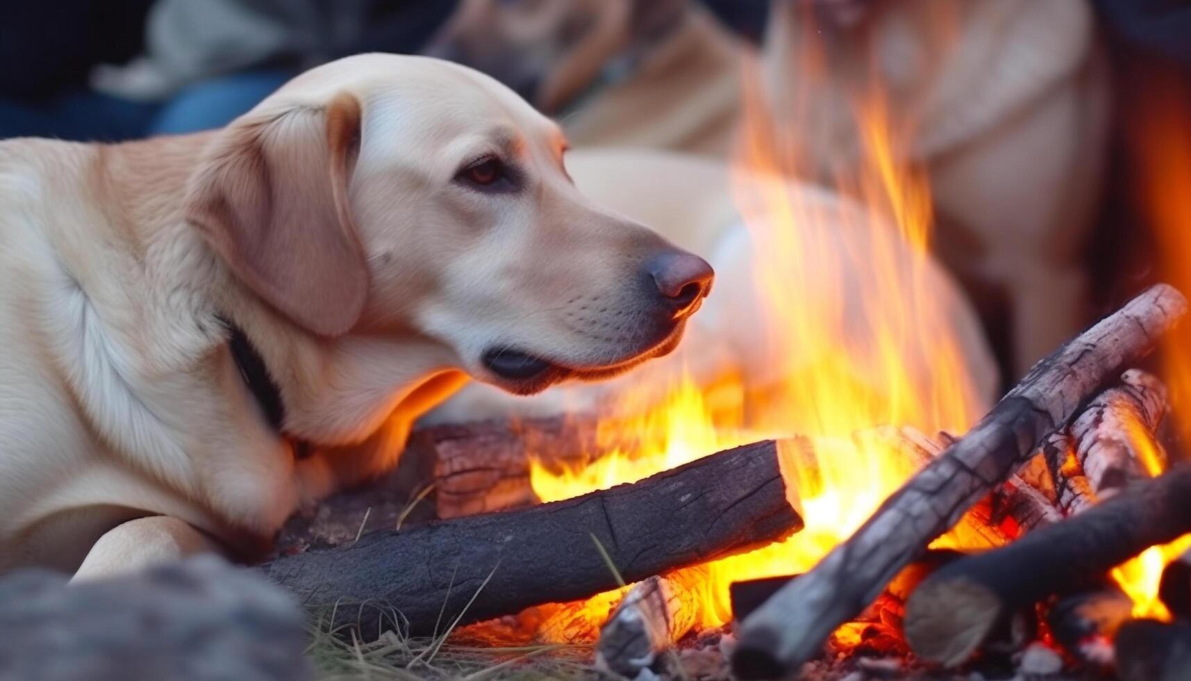 geel retriever zittend door vreugdevuur, genieten van zomer warmte en voedsel gegenereerd door ai foto