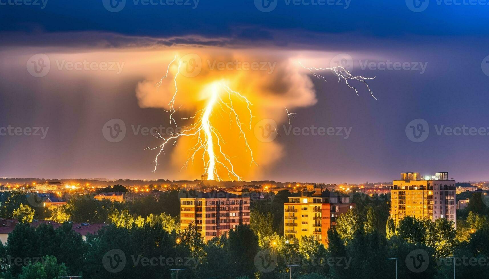 gloeiend wolkenkrabbers ontbranden de nacht lucht met elektriciteit en macht gegenereerd door ai foto