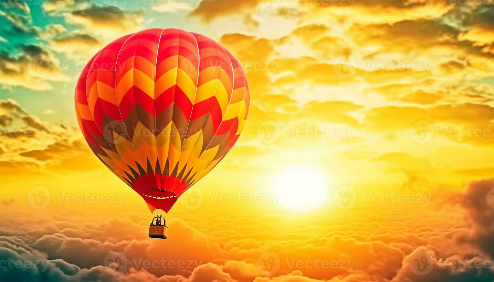 zwevend heet lucht ballon stijgt hoog in levendig zonsondergang lucht gegenereerd door ai foto
