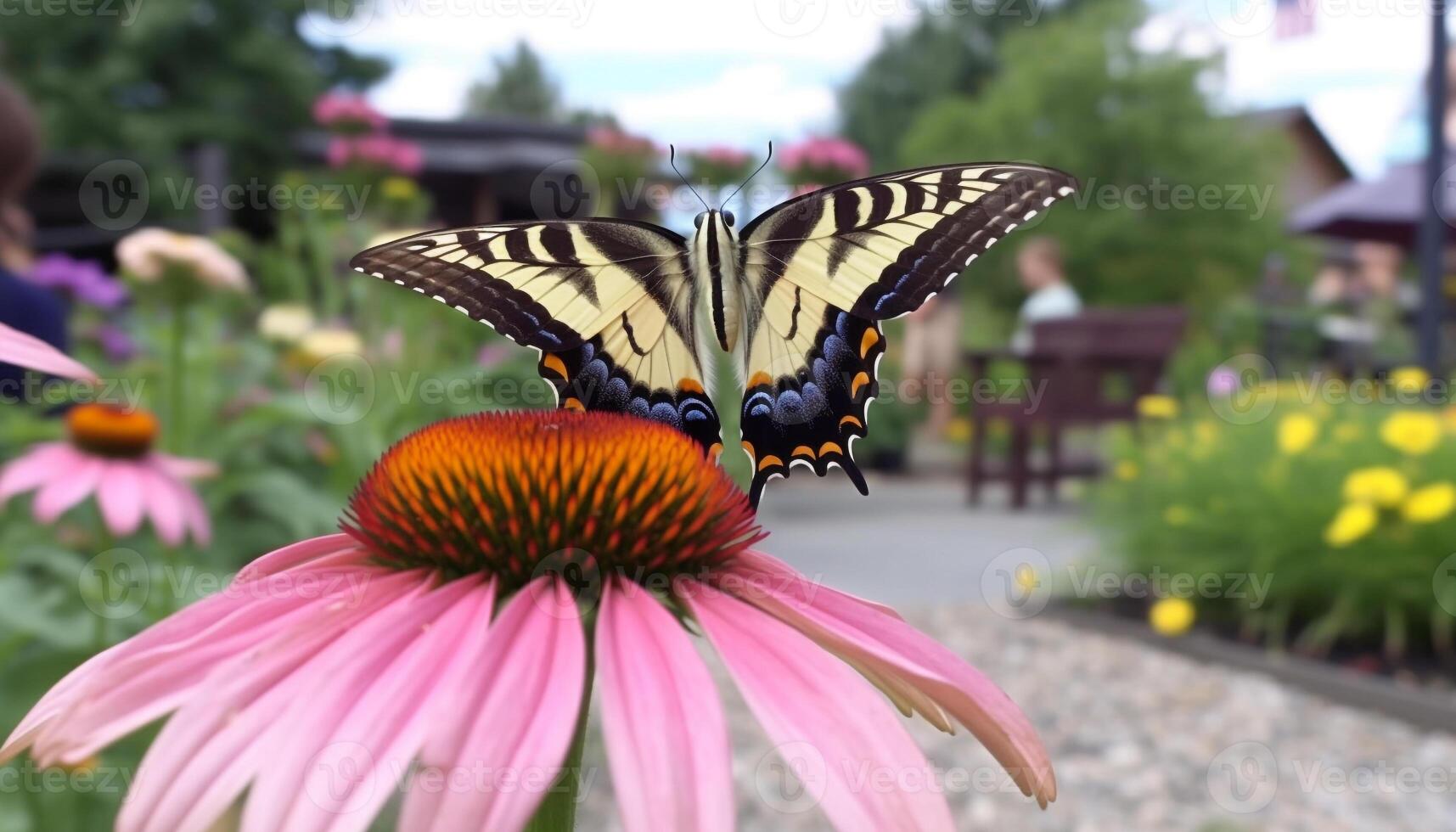 levendig Purper echinacea trekt aan zwaluwstaart vlinder in formeel tuin gegenereerd door ai foto