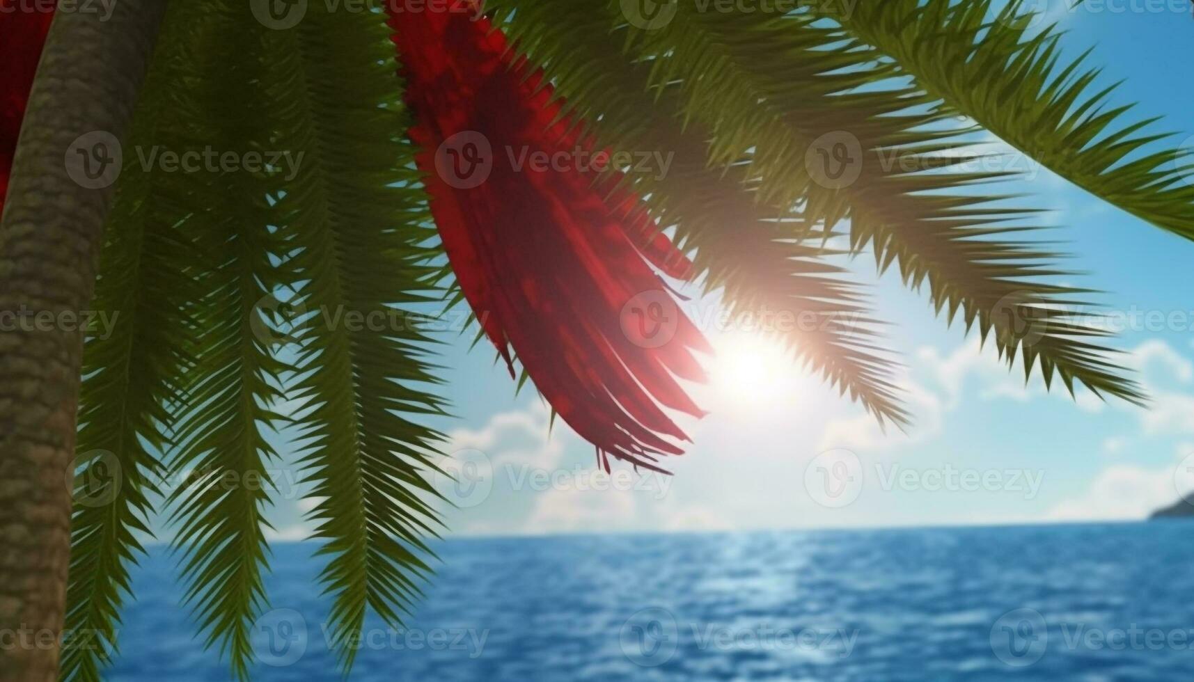 rustig tafereel van levendig zonsondergang over- tropisch palm boom kustlijn gegenereerd door ai foto