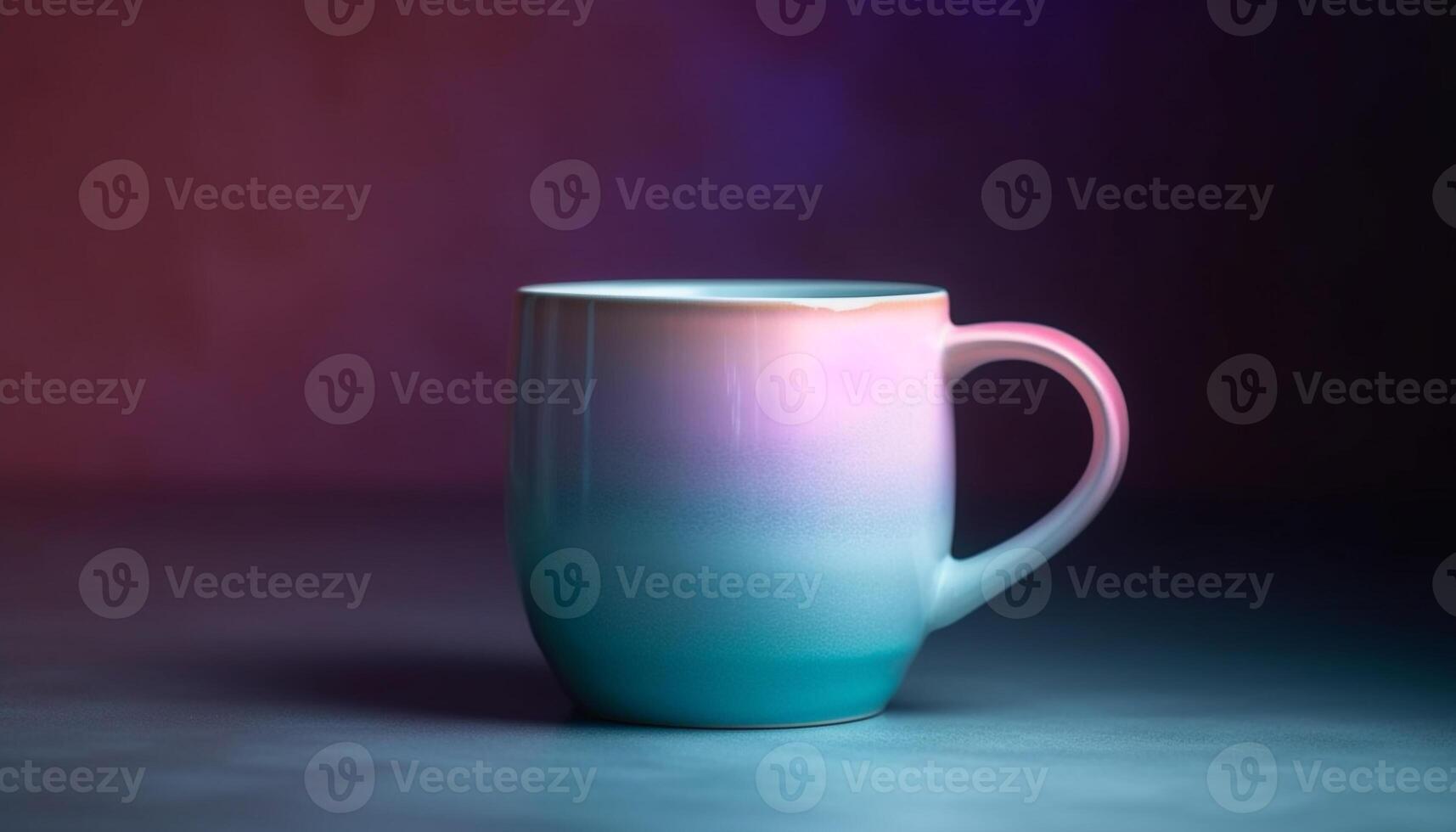 heet koffie in blauw mok Aan tafel, Nee mensen in de omgeving van gegenereerd door ai foto