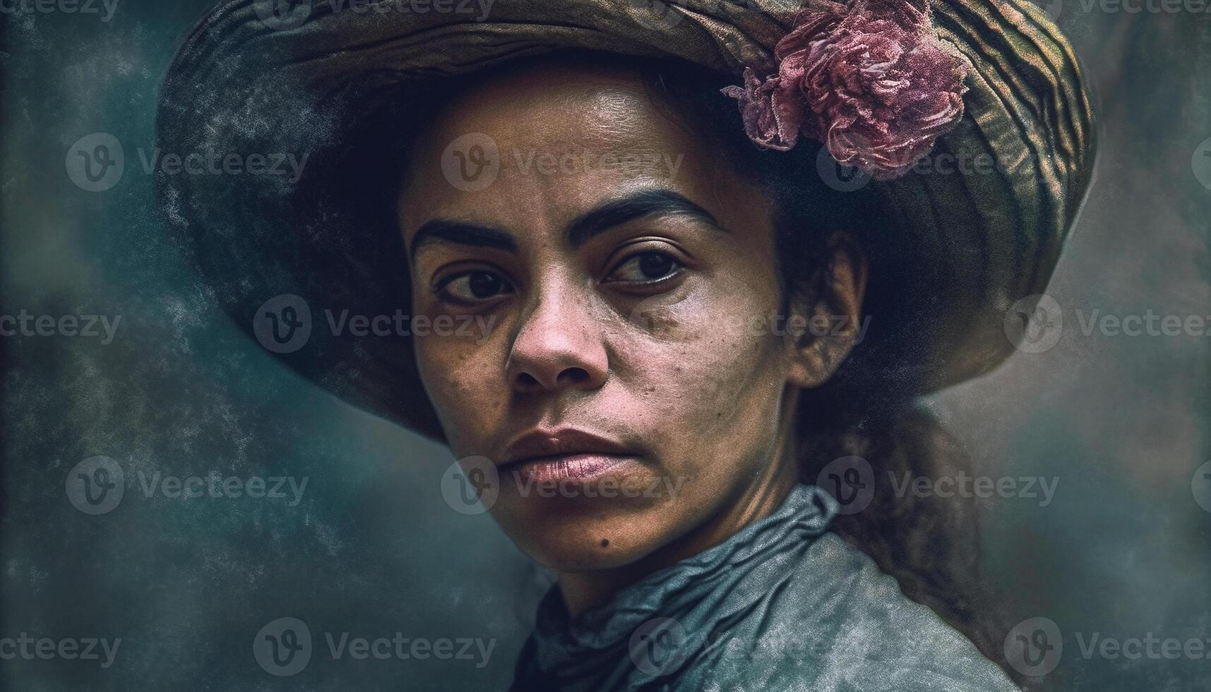 een jong volwassen vrouw op zoek Bij camera in natuur regen gegenereerd door ai foto