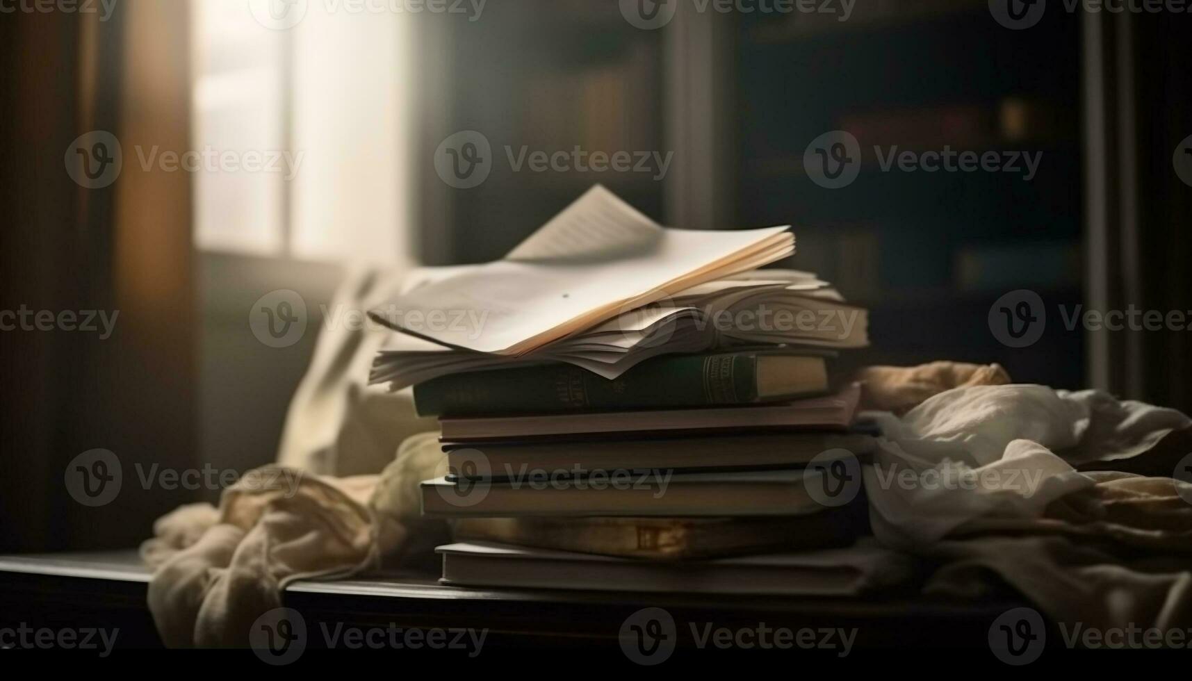 een knus slaapkamer met een stack van literatuur Aan de bed gegenereerd door ai foto