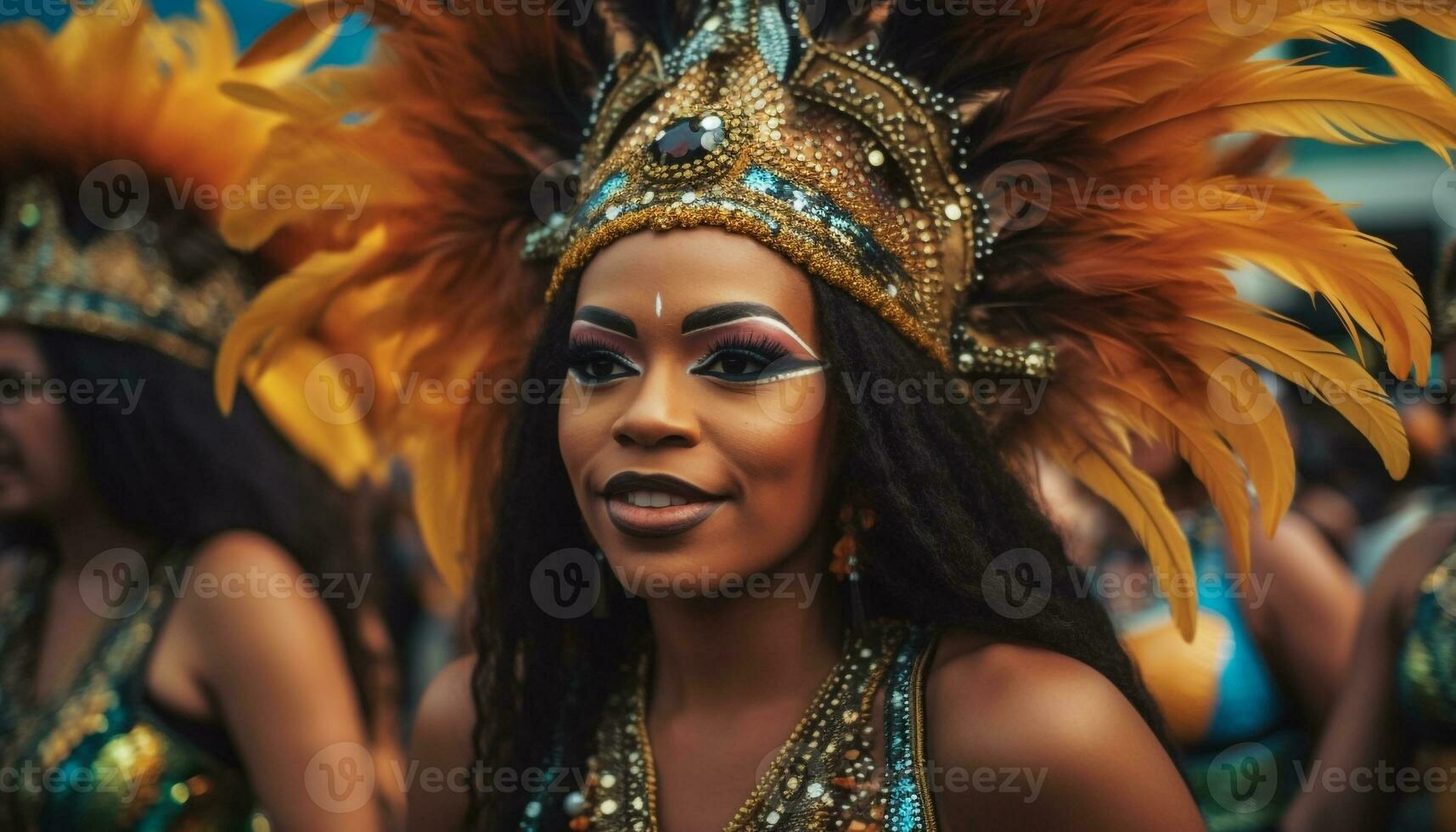 mooi braziliaans Dames in traditioneel kostuums dans Bij carnaval viering generatief ai foto