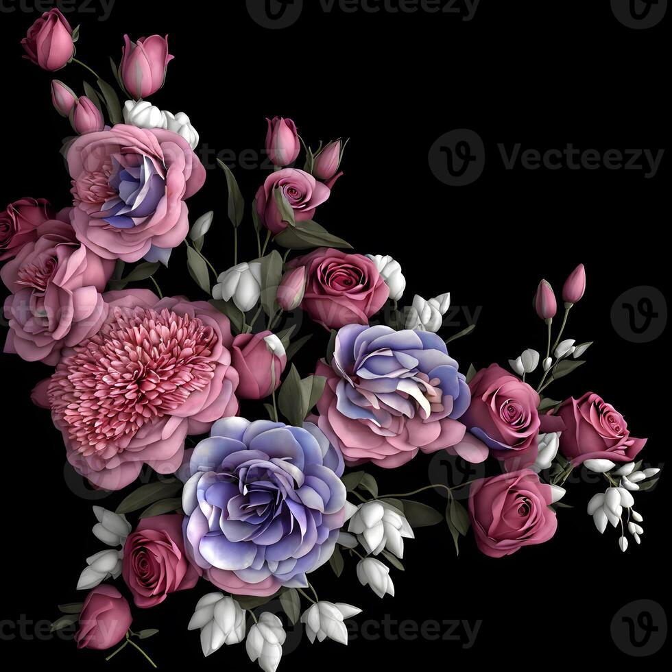 foto realistisch bloem regeling, bloemen boeket, veelkleurig botanisch illustratie, digitaal geschilderd bloemen illustratie, textiel bloemen, generatief ai