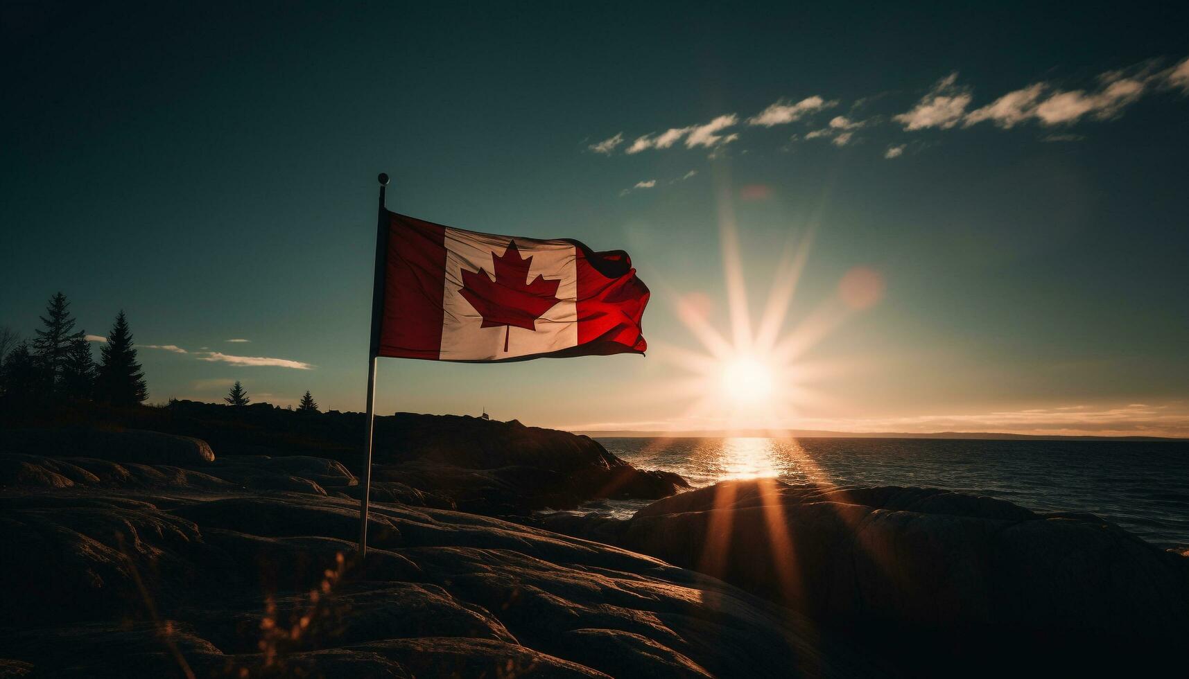 Canadees vlag golvend Aan majestueus kustlijn klif gegenereerd door ai foto