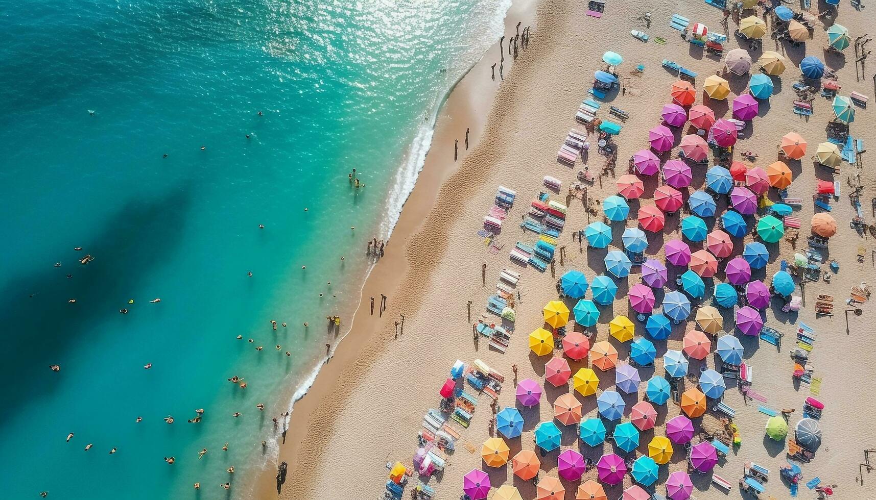 druk strand toevlucht, pret in de zon gegenereerd door ai foto