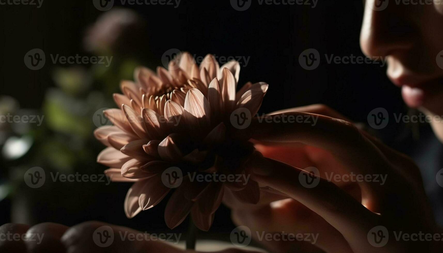 Kaukasisch vrouw Holding vers bloem, glimlachen buitenshuis gegenereerd door ai foto