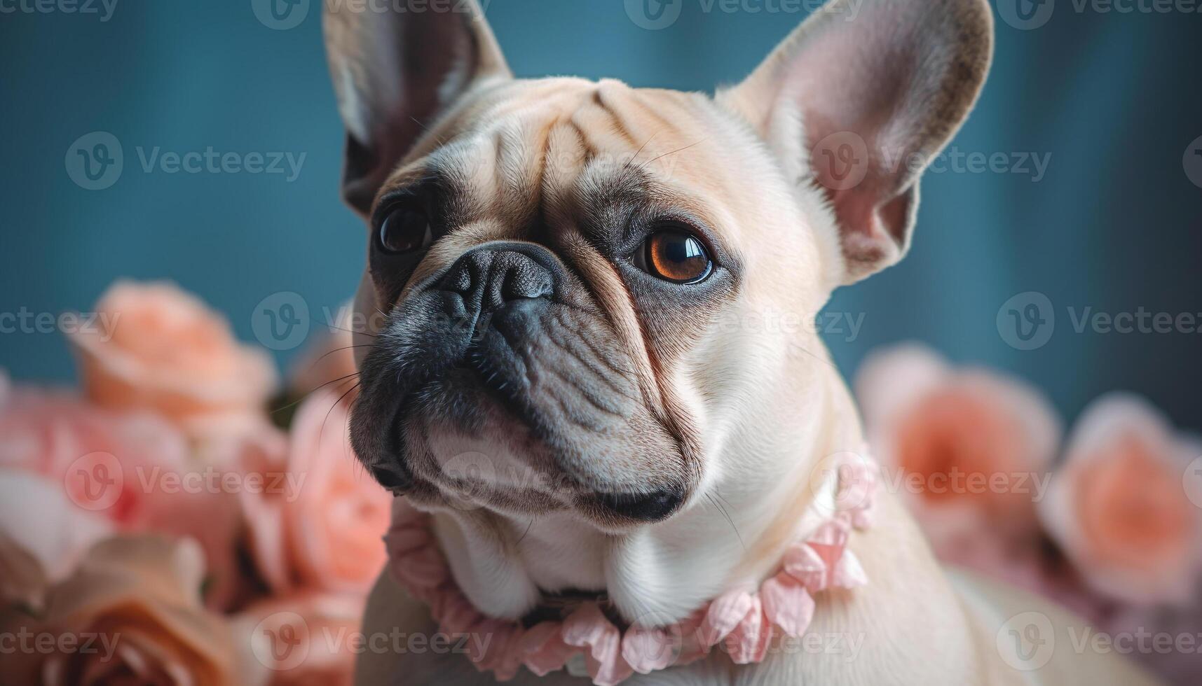 schattig Frans bulldog puppy zittend buitenshuis, op zoek Bij camera gegenereerd door ai foto