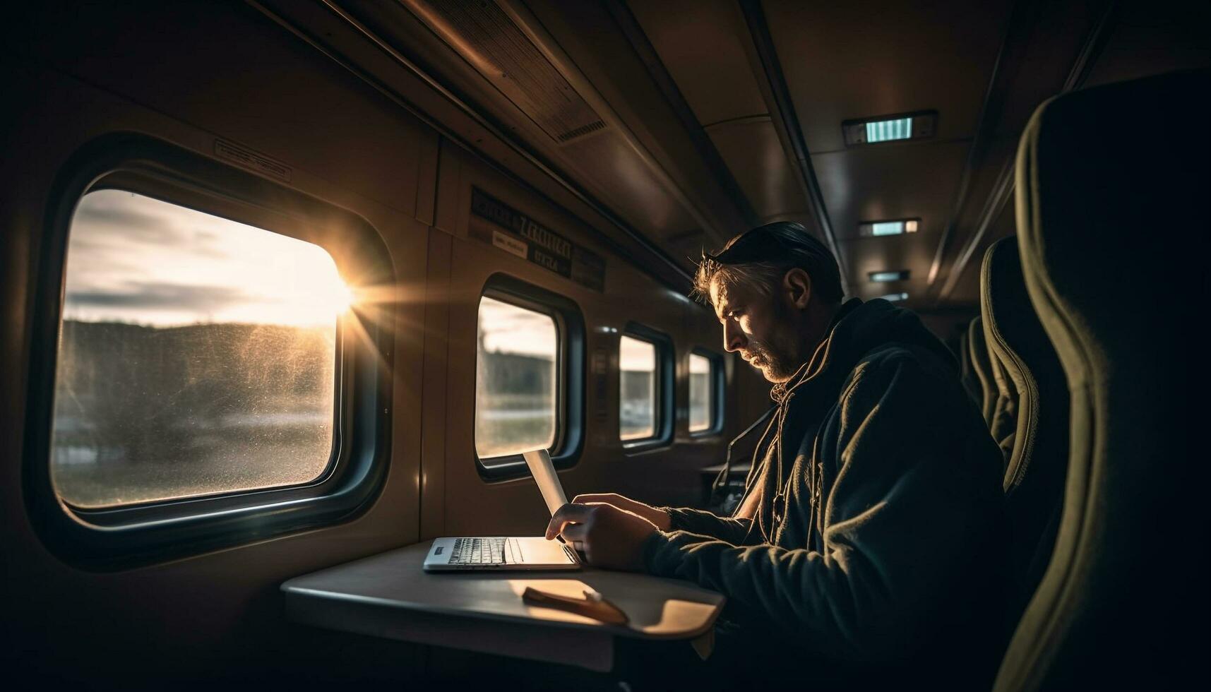 mannen Holding digitaal apparaten, op reis Aan openbaar vervoer gegenereerd door ai foto