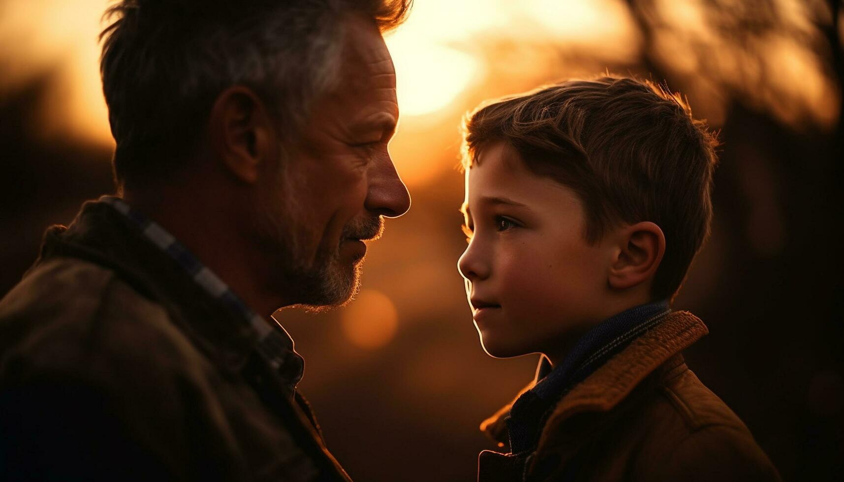 vader en zoon omhelzing in warm zonsondergang gegenereerd door ai foto