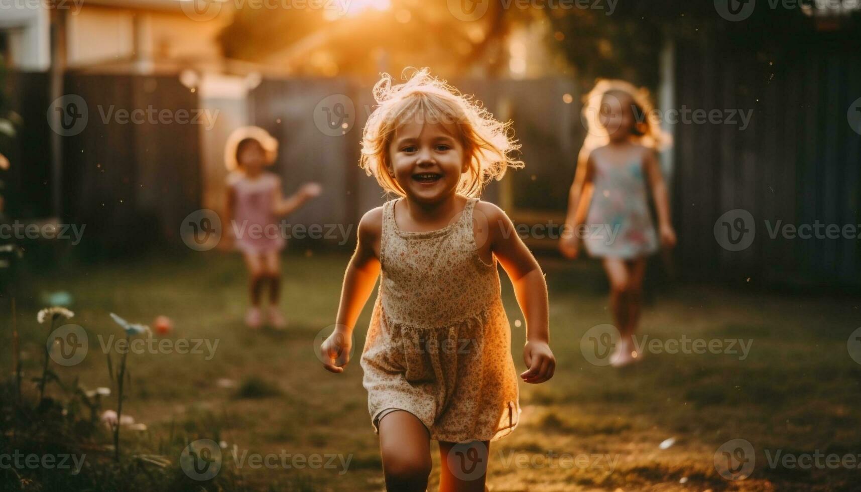 glimlachen meisjes rennen zorgeloos in natuur weide gegenereerd door ai foto