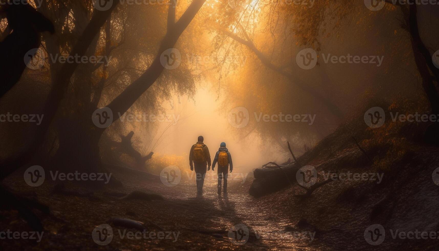 twee mannen wandelen in mistig herfst Woud gegenereerd door ai foto