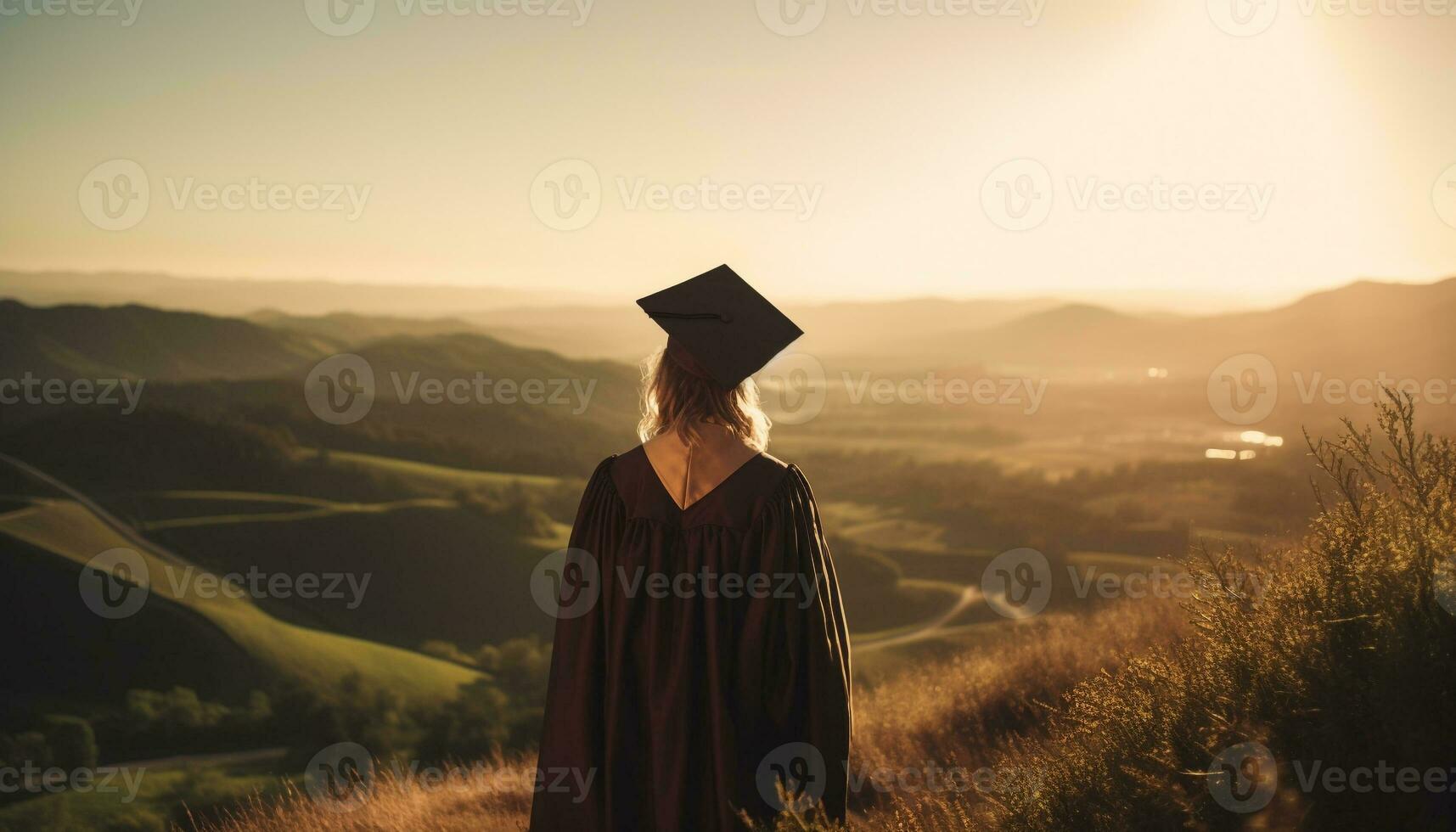 jong vrouw staat in diploma uitreiking gewaad, glimlachen gegenereerd door ai foto