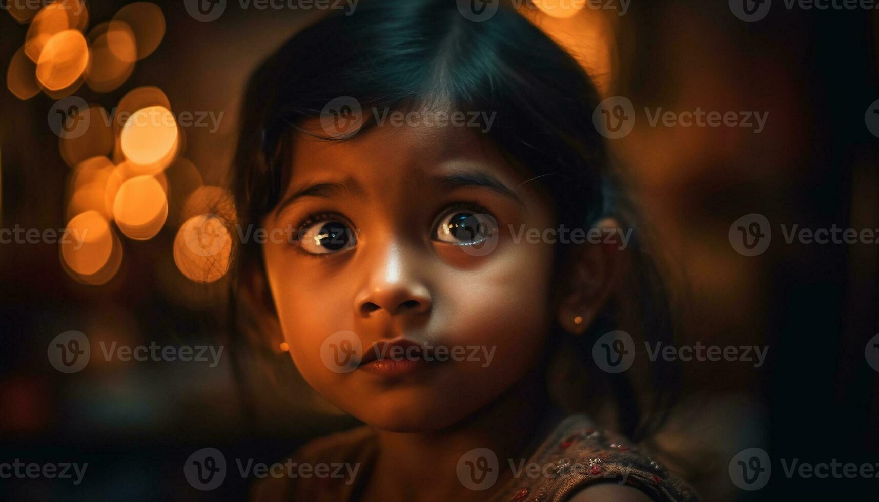 schattig meisje lachend, op zoek omhoog Bij nacht lucht gegenereerd door ai foto
