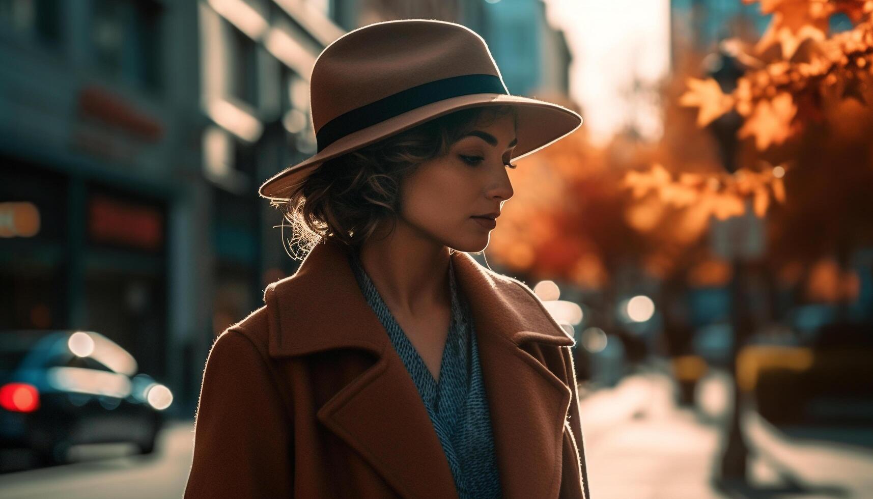 jong vrouw straalt uit vertrouwen in modieus herfst kleding gegenereerd door ai foto