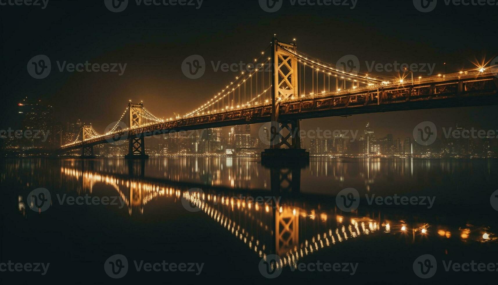 verlichte suspensie brug weerspiegelt Aan waterkant Bij schemer gegenereerd door ai foto