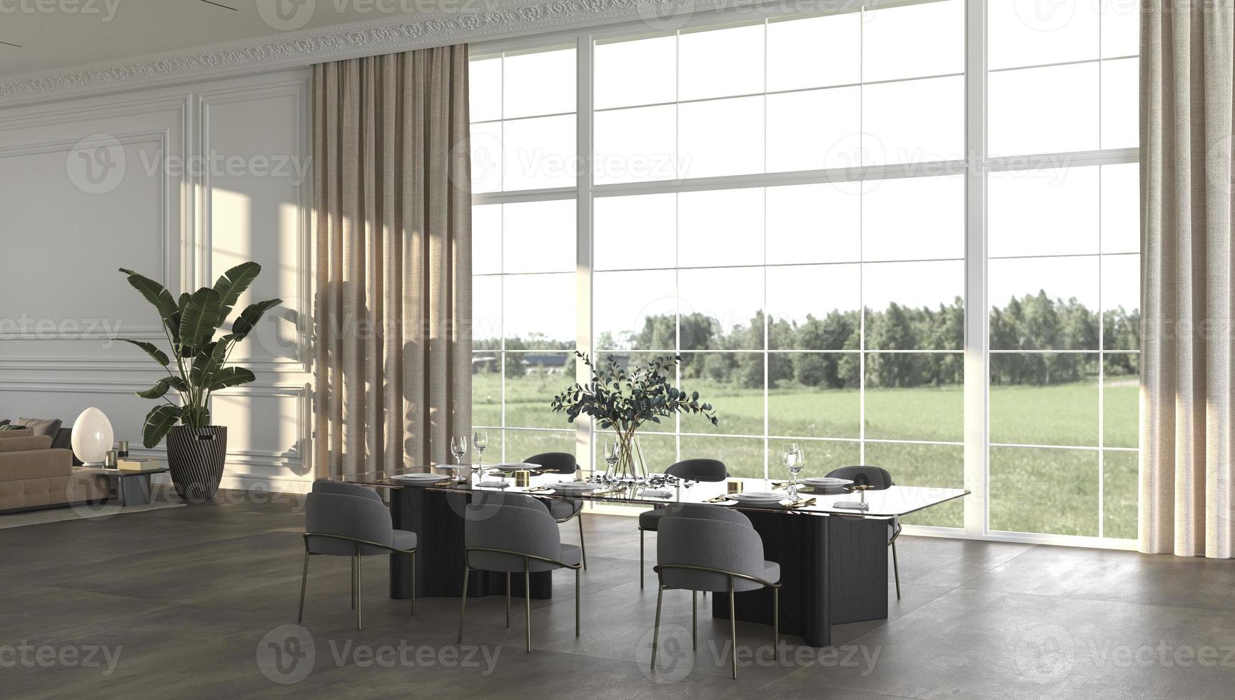 luxe eetkamer met zon en natuur panorama achtergrond 3d render illustratie beige interieur foto