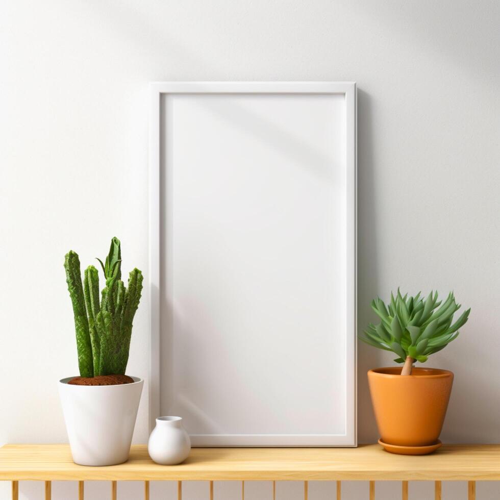ai gegenereerd mock-up van een interieur blanco afbeelding kader in een helder kamer met vetplanten en veel van natuurlijk licht foto