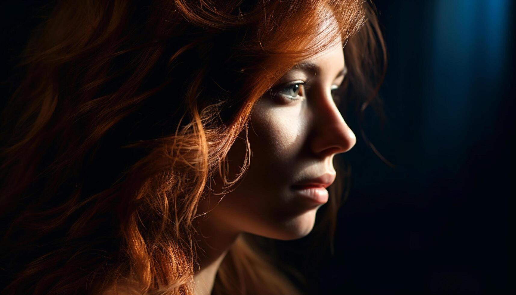 mooi vrouw met rood haar, op zoek weg gegenereerd door ai foto