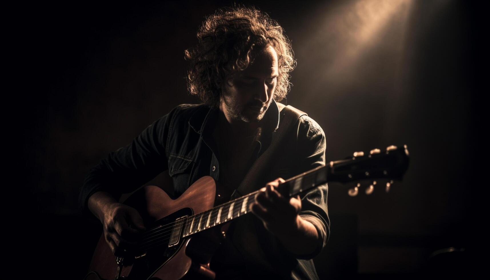 een musicus spelen gitaar Aan stadium Bij nacht gegenereerd door ai foto