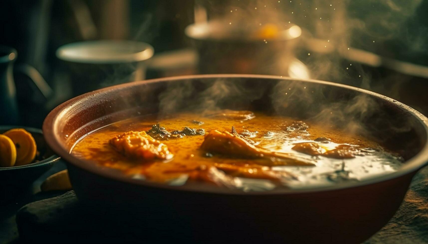 fijnproever soep gekookt in serviesgoed met specerijen gegenereerd door ai foto