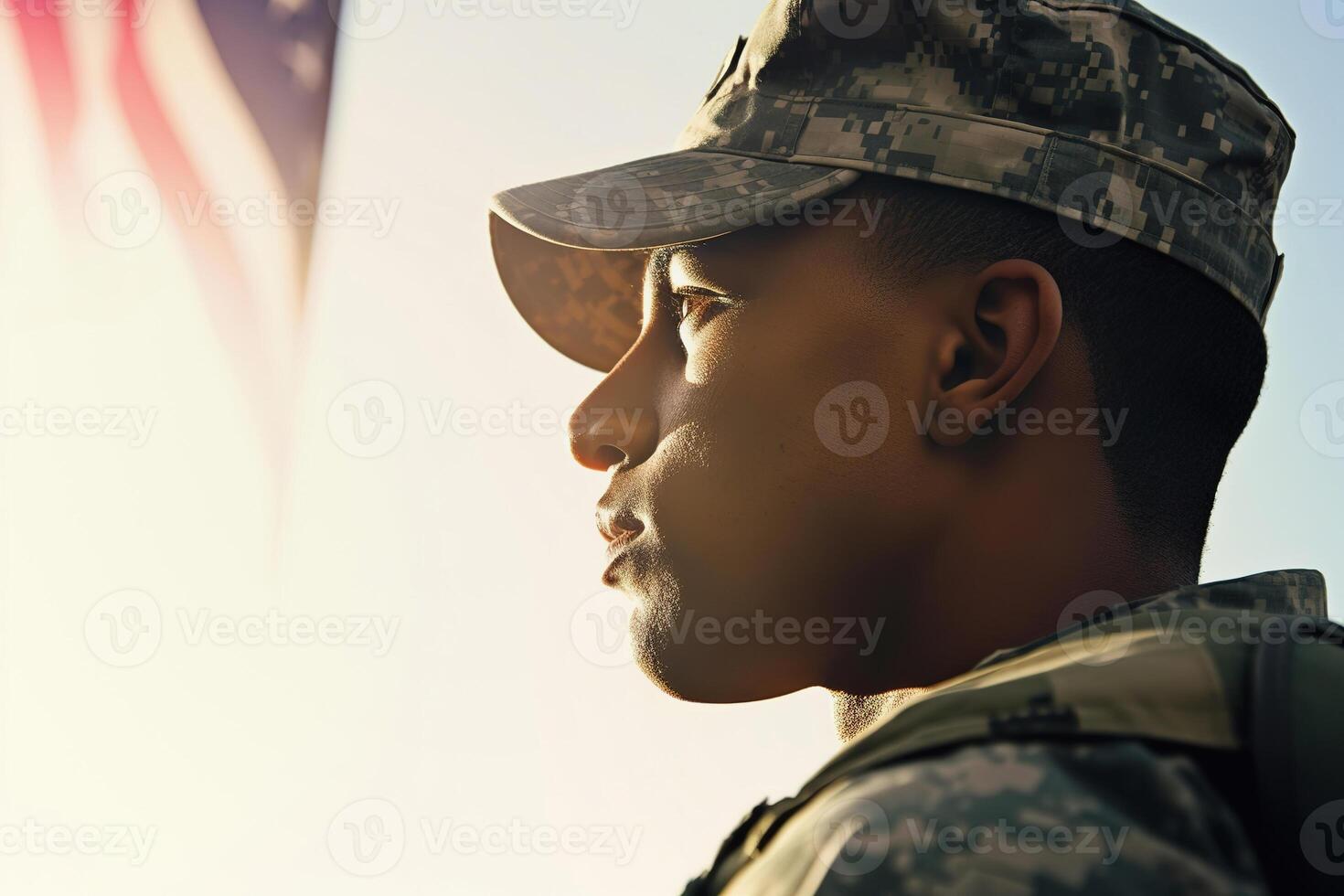 Amerikaans soldaat portret, ons vlag achtergrond. generatief ai foto