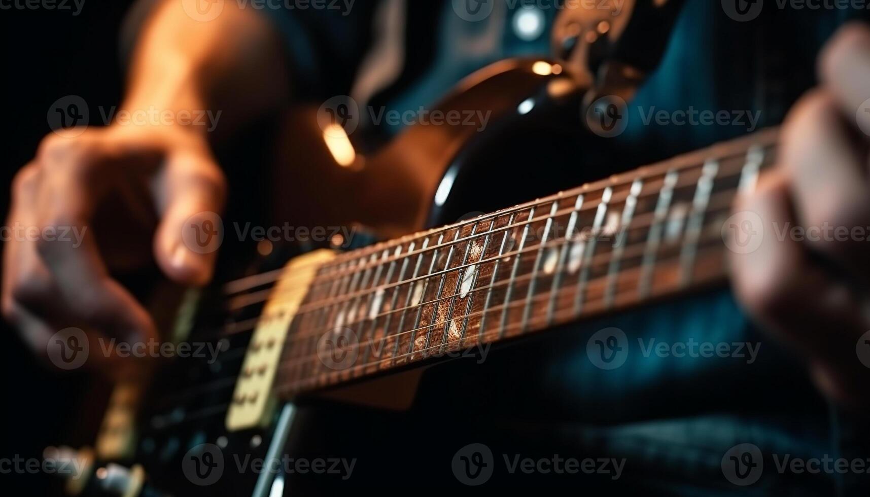 vinger plukken strings Aan akoestisch gitaar dichtbij omhoog gegenereerd door ai foto