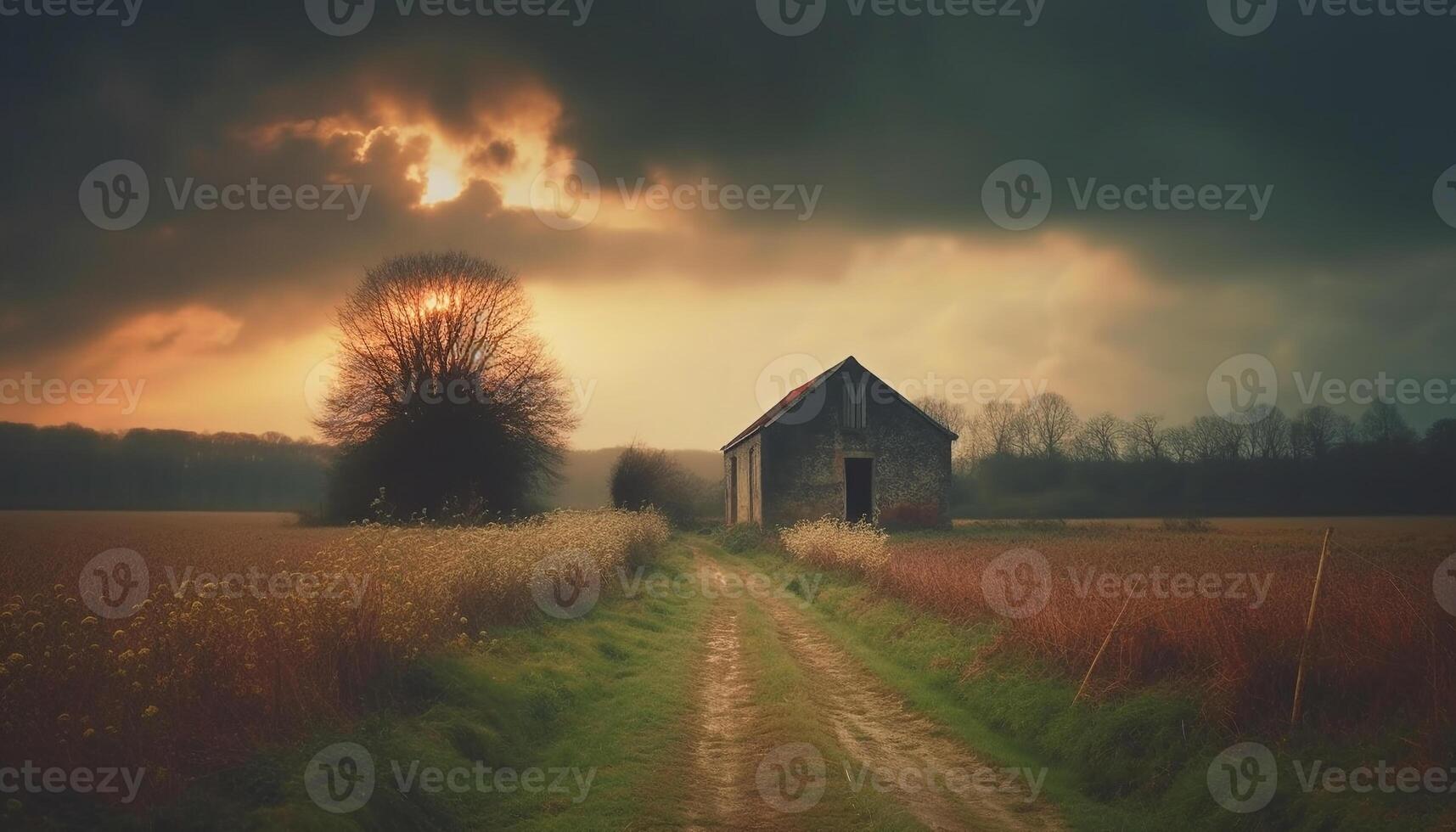 rustiek boerderij in rustig weide Bij schemer gegenereerd door ai foto