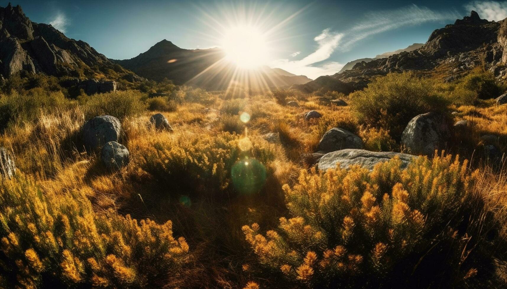 majestueus berg bereik, rustig weide, wilde bloemen bloeien gegenereerd door ai foto