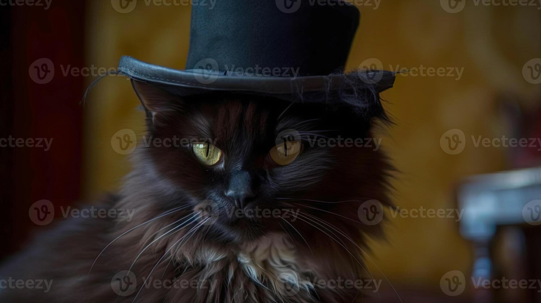 zwart kat in een hoed, detailopname, ai-gegenereerd kaart idee voor Internationale kat dag. hoog kwaliteit foto