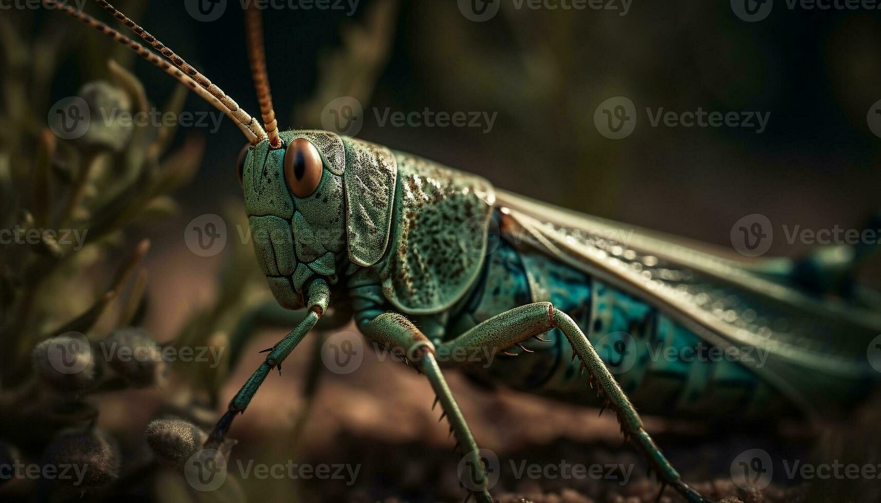 groen sprinkhaan Aan blad, uitvergroot in natuur gegenereerd door ai foto