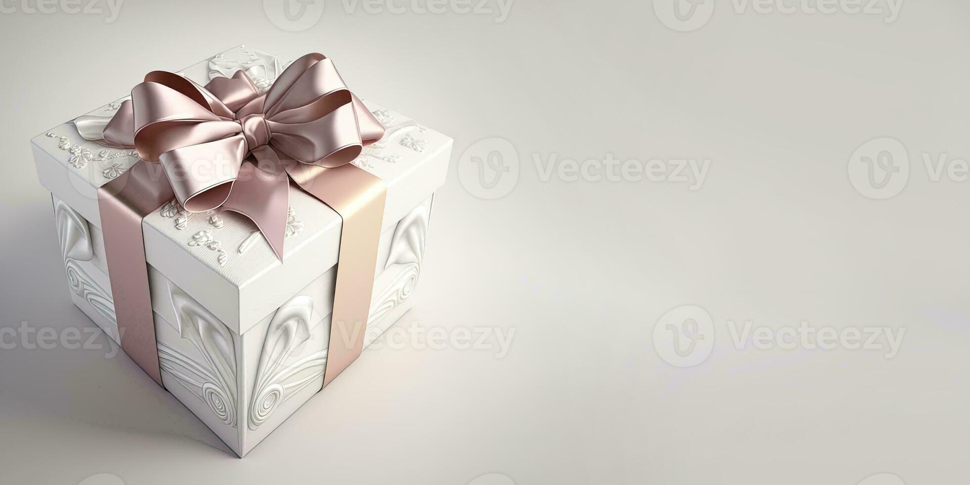 wit geschenk doos met room satijn lint boog Aan licht achtergrond. doos met delicaat wit patronen. banier met plaats voor tekst. ai gegenereerd. foto
