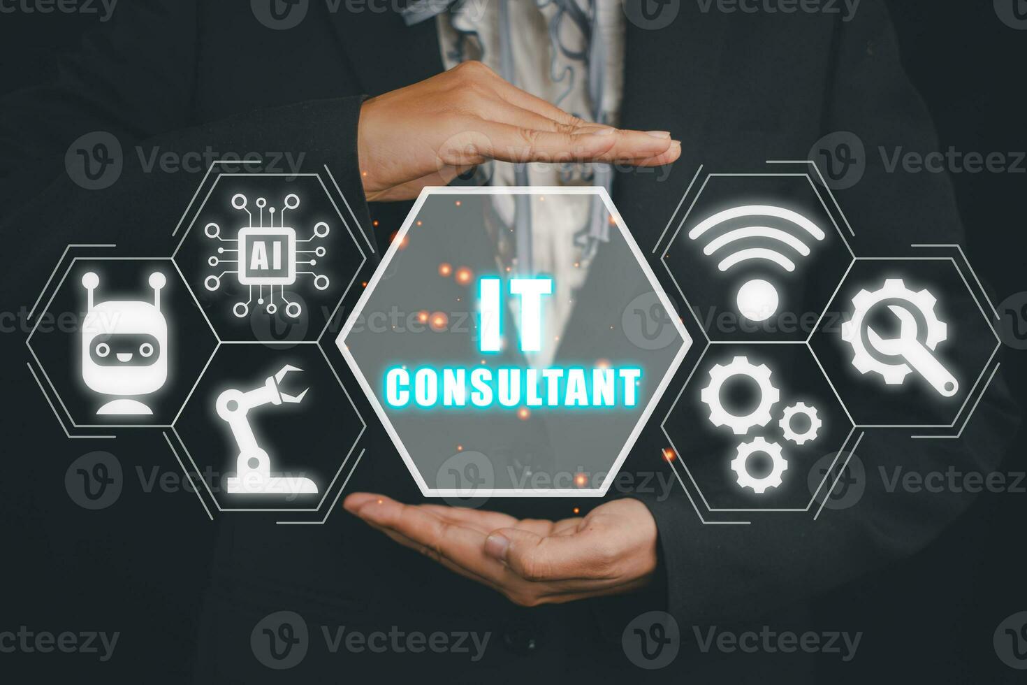 het consultant bedrijf concept, bedrijf persoon hand- hand- Holding het consultant icoon Aan virtueel scherm, robot werkwijze automatisering, afzet dashboard. foto