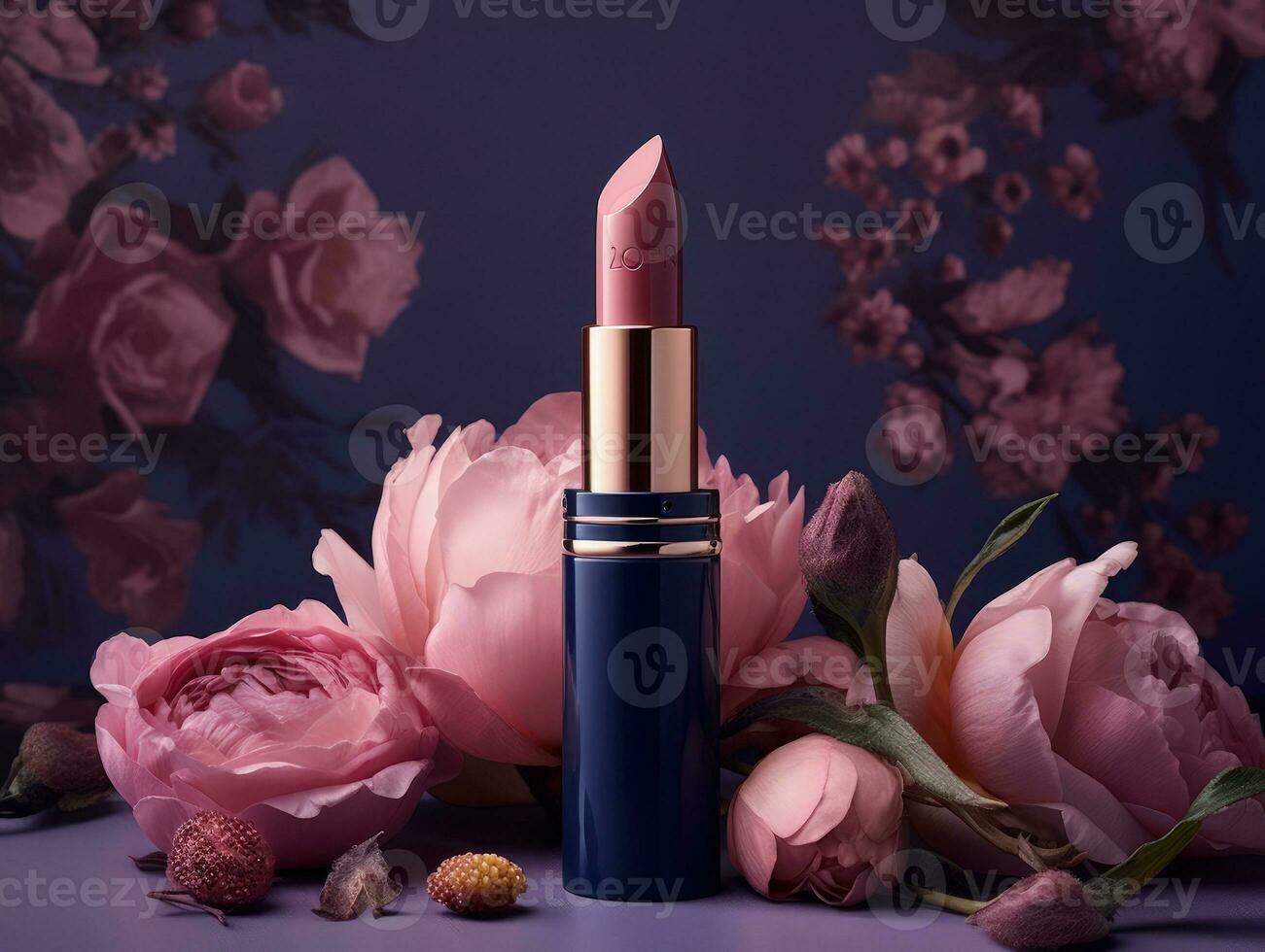 mooi roze lippenstift met blauw luxe geval en roze bloemen. generatief ai foto